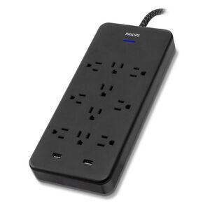 Philips -  10-Outlet Surge Protector USB Ports 6ft Br Black